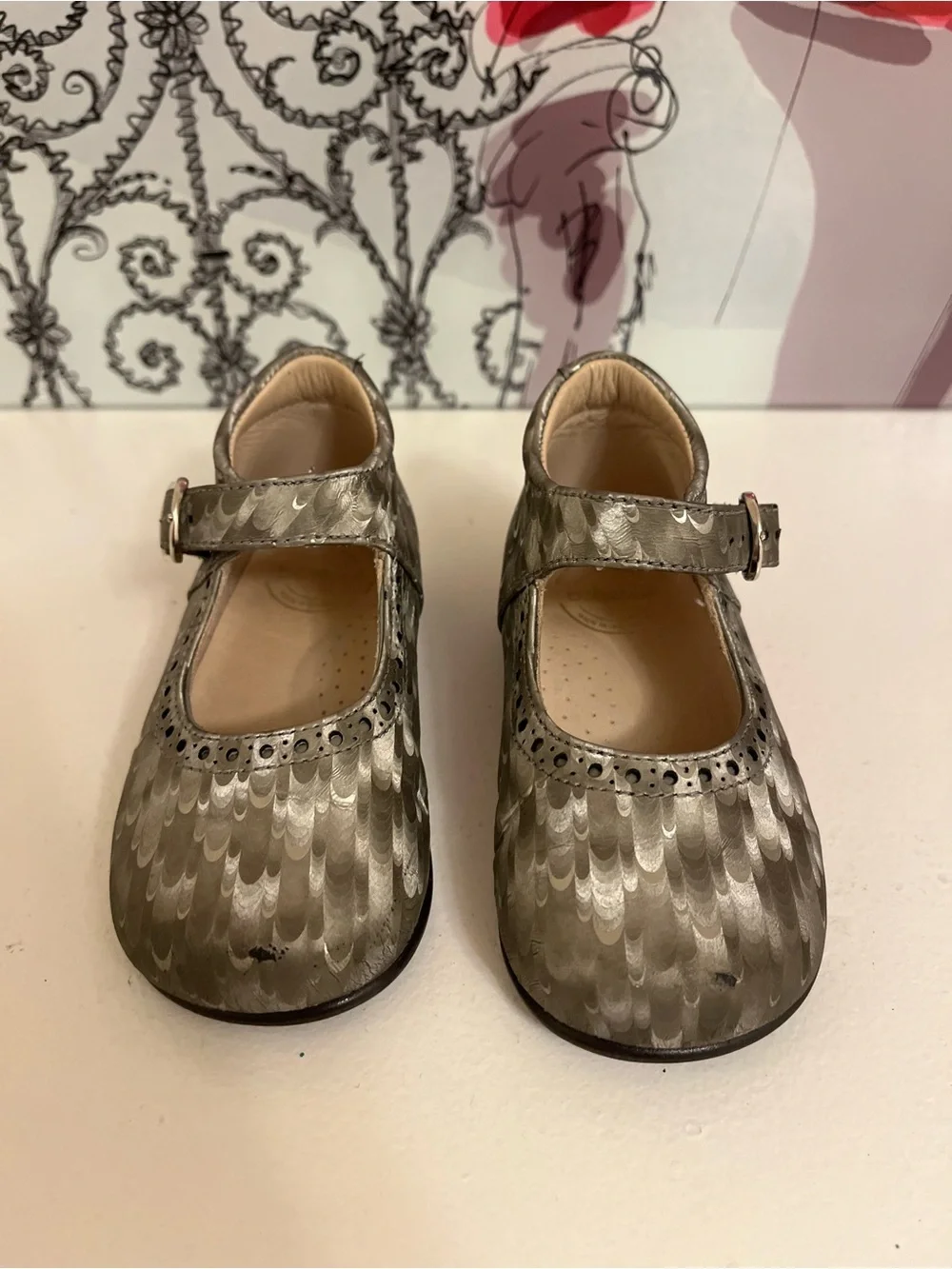 Mary Jane Shoes - Metallic Feather-Print Leather, Toddler EU 22 (US Toddler 6)